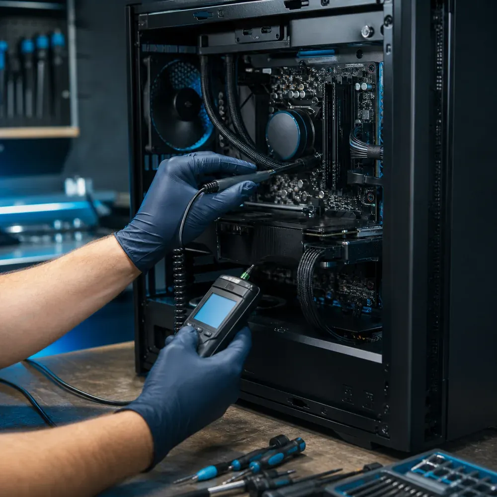 Técnico realizando diagnóstico preventivo en los componentes de un computador
